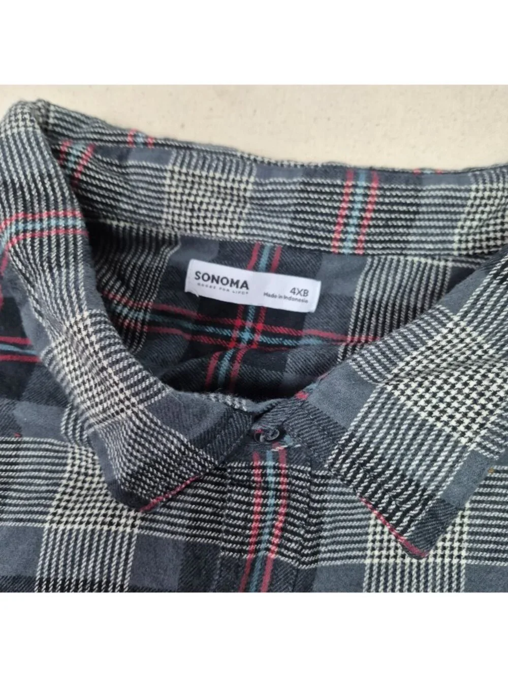 Sonoma Men's Long Sleeve Plaid Flannel Button Up Shirt Gray/Red/Blue Sz 4XL